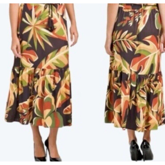 HOUSE of HARLOW 1960 Linen Blend Tropical Print Tiered Midi Skirt Sz M - Picture 2 of 12